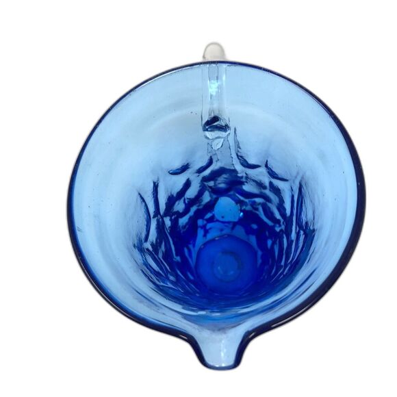 Studio Art Glass Pitcher Hand Blown Textured Ombre Blue Clear Handle 7" Tall - Picture 8 of 12